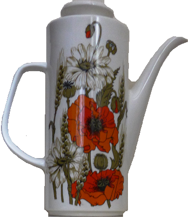 a vintage coffee jug with a poppy pattern on