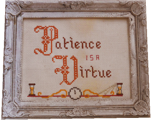 a cross-stich in a frame, reading 'Patience is a Virtue'