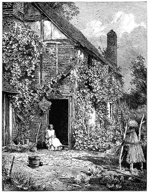 A seated woman is knitting at the door of the kitchen garden on a sunny summer day. The walls of the cottage are half-covered with climbing vegetation and a beehive can be seen in the foreground. 