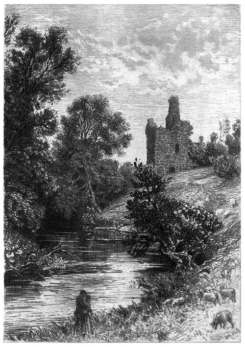 View of the bank of the Cluden Water with a couple kissing in the foreground and the ruins of Lincluden Priory in the distance.