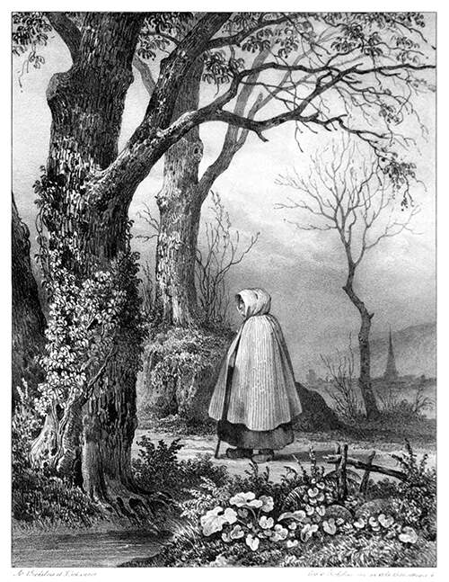 An elderly woman in a hooded cloak walks on a path leading into a forest of mostly leafless trees.