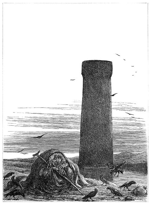 A grim-looking female figure wrapped in a cloak sits surrounded by crows with a tall and massive tower in the background.