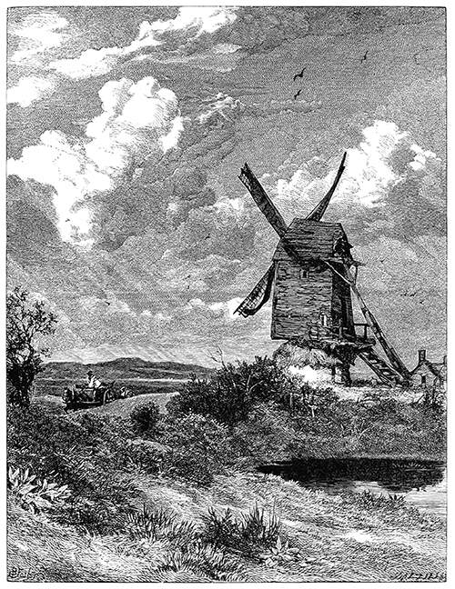 View of a windmill standing in the open countryside with a pond in the foreground.