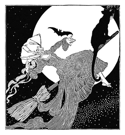 A witch wearing an imposing headdress rides a broom, with her black cat sitting at the front. Her steeply ascending figure is framed by the full moon in the background while a sociable bat seems willing to join her on her journey.